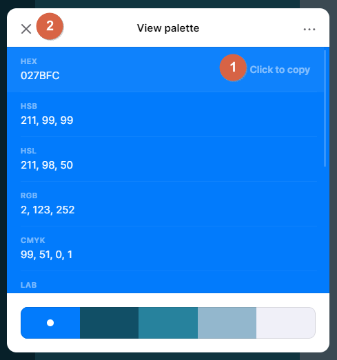 Screenshot showing the coolors view palette dialog • Choose Website Colors