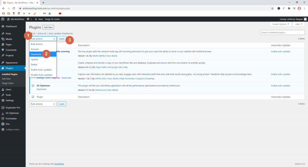 Screenshot showing how to deactivate plugins in batch • WordPress Troubleshooting Tips