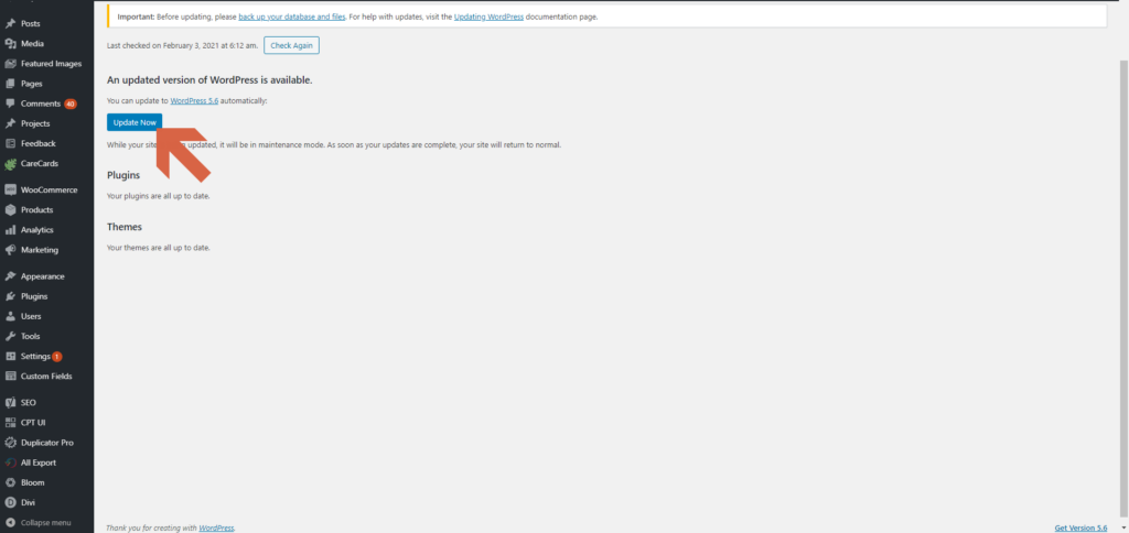 Screenshot showing that an updated version of WordPress is available  • WordPress Troubleshooting Tips