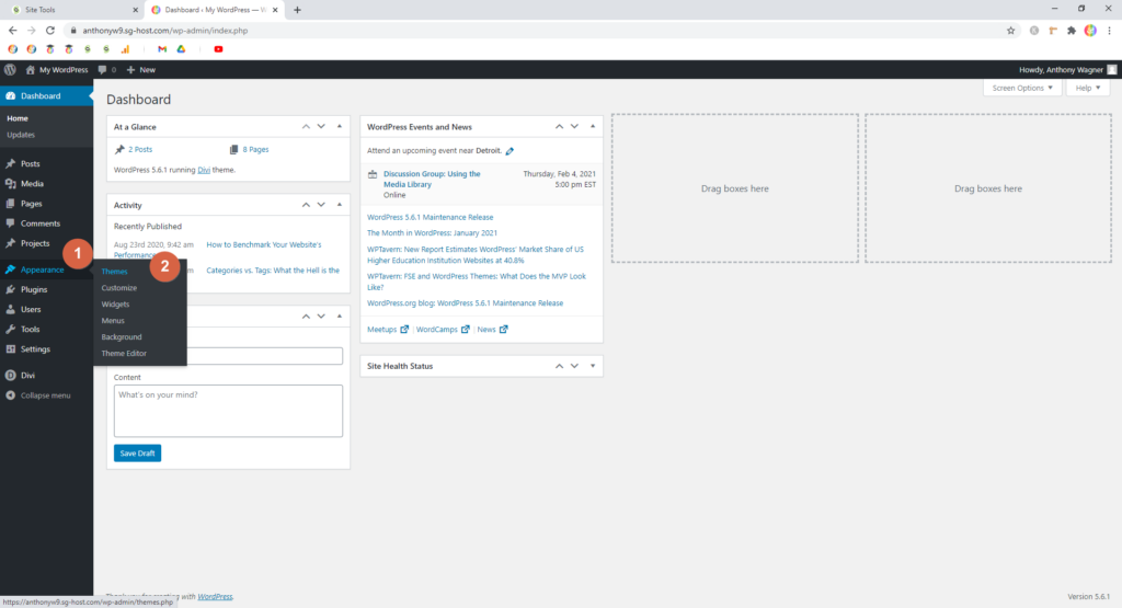 Screenshot showing how to get to themes dashboard • WordPress Troubleshooting Tips