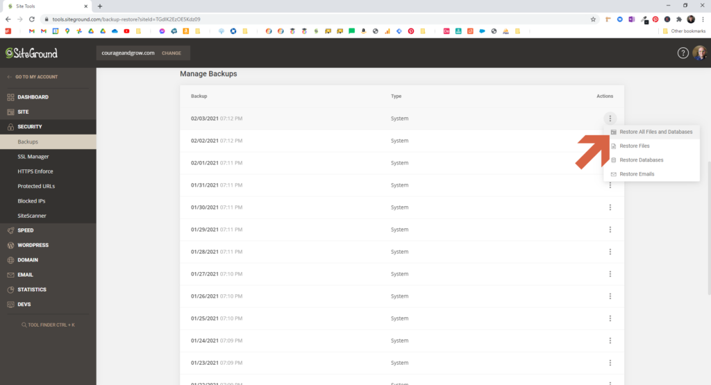 Screenshot showing how to restore a backup in SiteGround • WordPress Troubleshooting Tips