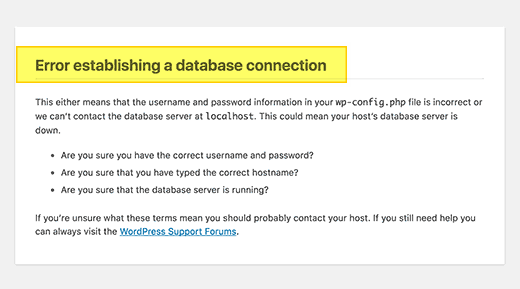 Screenshot showing a database connection error • WordPress Troubleshooting Tips