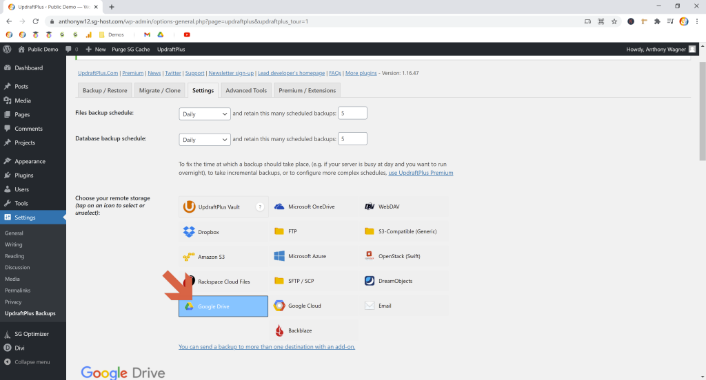 Screenshot showing how to select google drive as the cloud storage platform for updraftplus • Automatic WordPress Backups