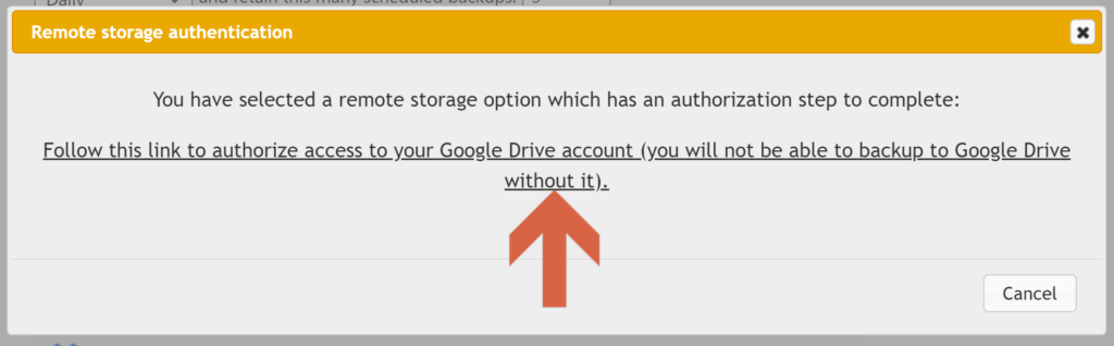 Screenshot showing updraftplus prompt which begins cloud storage authentication • Automatic WordPress Backups