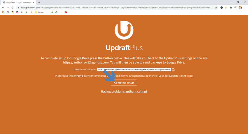 Screenshot showing updraftplus landing page for completing cloud storage authentication and returning to the plugin • Automatic WordPress Backups