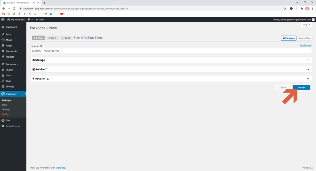 Screenshot showing how to continue creating a new package in Duplicator  • WordPress Troubleshooting Tips