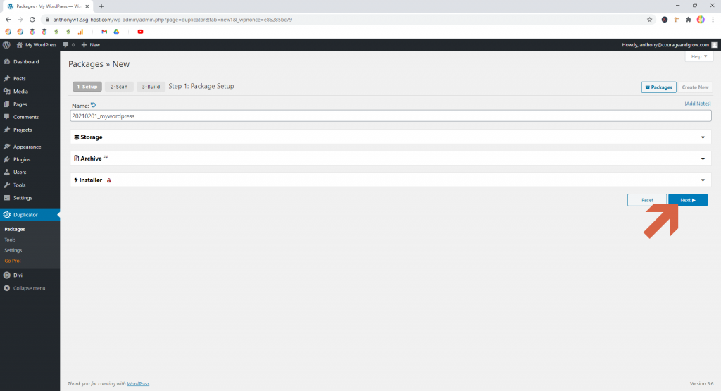 Screenshot showing how to continue creating a new package in Duplicator • WordPress Troubleshooting Tips