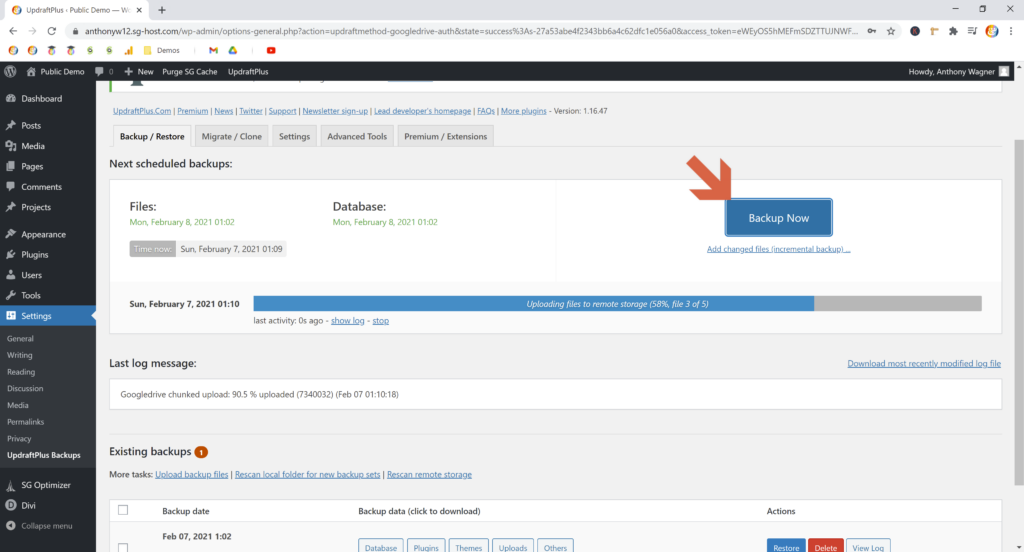 Screenshot showing the backup now button in updraftplus • Automatic WordPress Backups