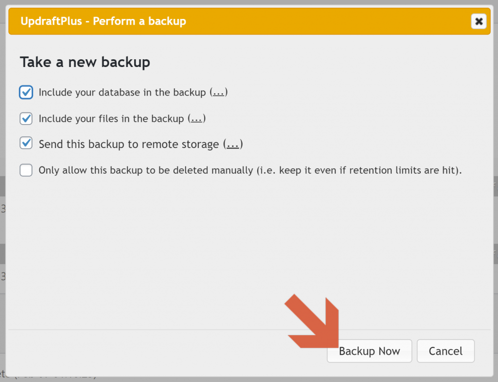 Screenshot showing which settings to select when triggering a manual backup in updraftplus • Automatic WordPress Backups
