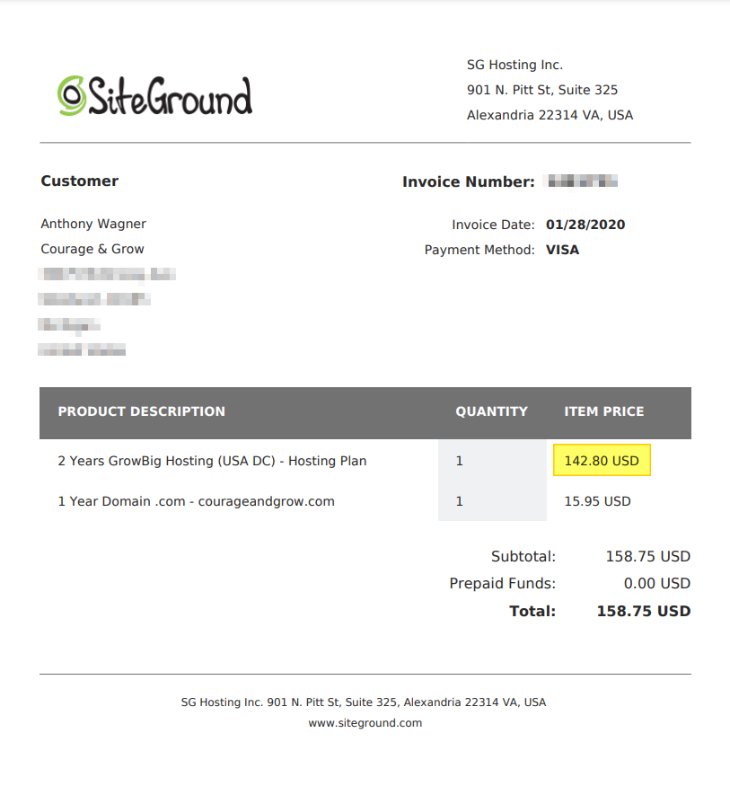 Screenshot showing my SiteGround invoice • Best Web Hosting for Entrepreneurs