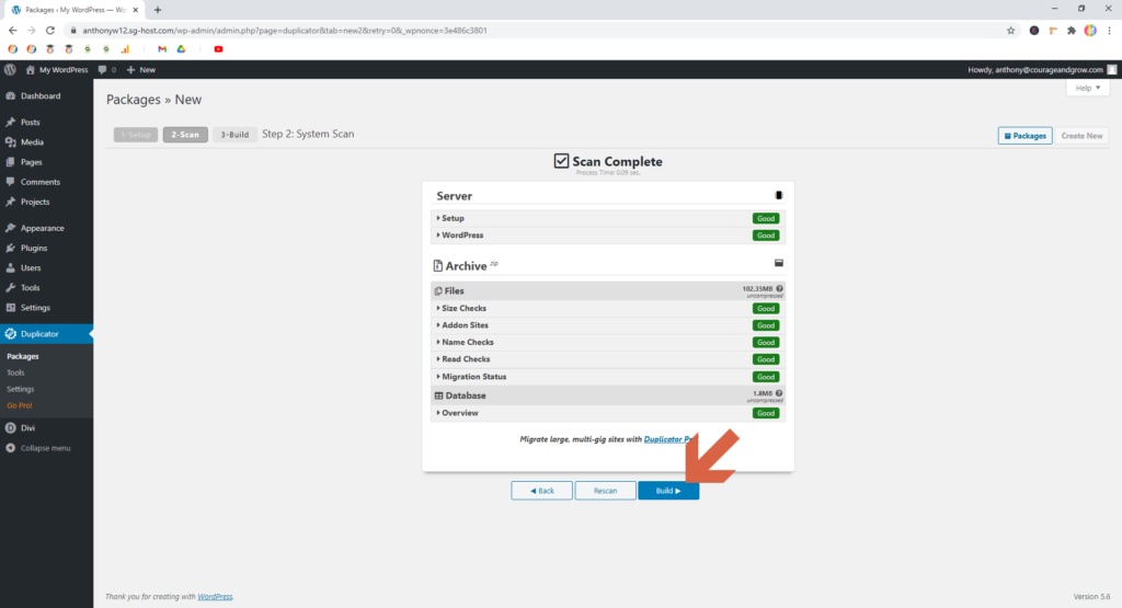 Screenshot showing a completed Duplicator scan  • WordPress Troubleshooting Tips