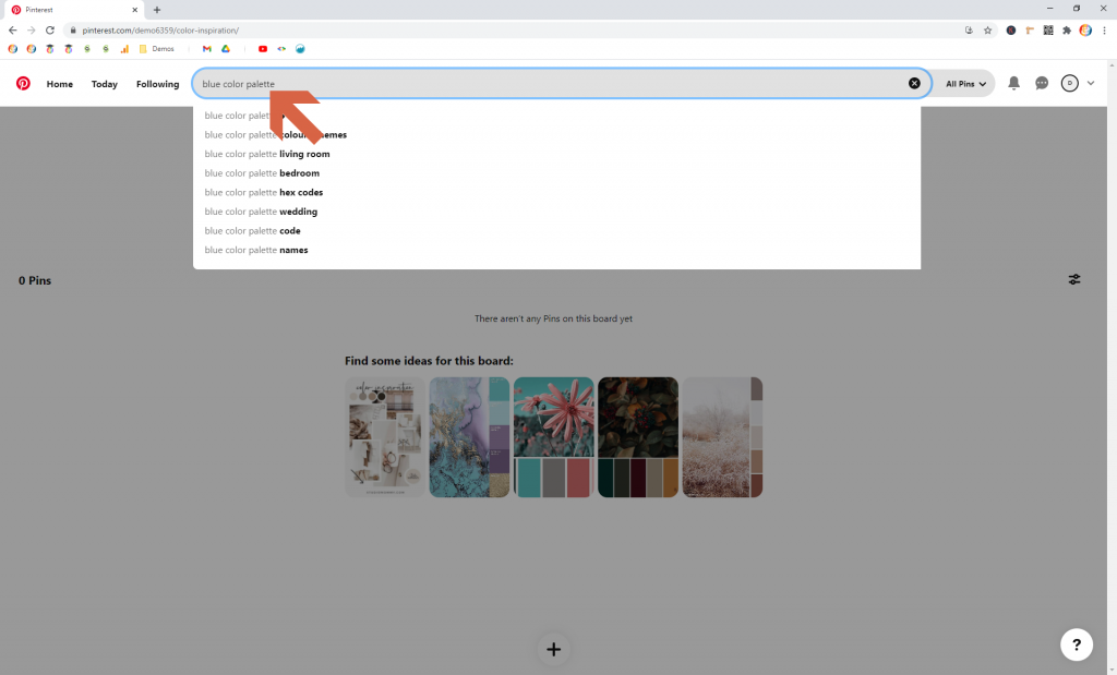 Screenshot showing how to search for Pins in Pinterest • Choose Website Colors