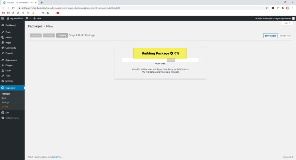 Screenshot showing a package being built in Duplicator  • WordPress Troubleshooting Tips