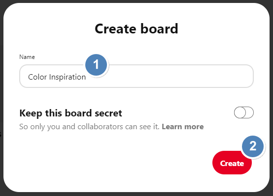 Screenshot showing the Create Board dialog in Pinterest • Choose Website Colors