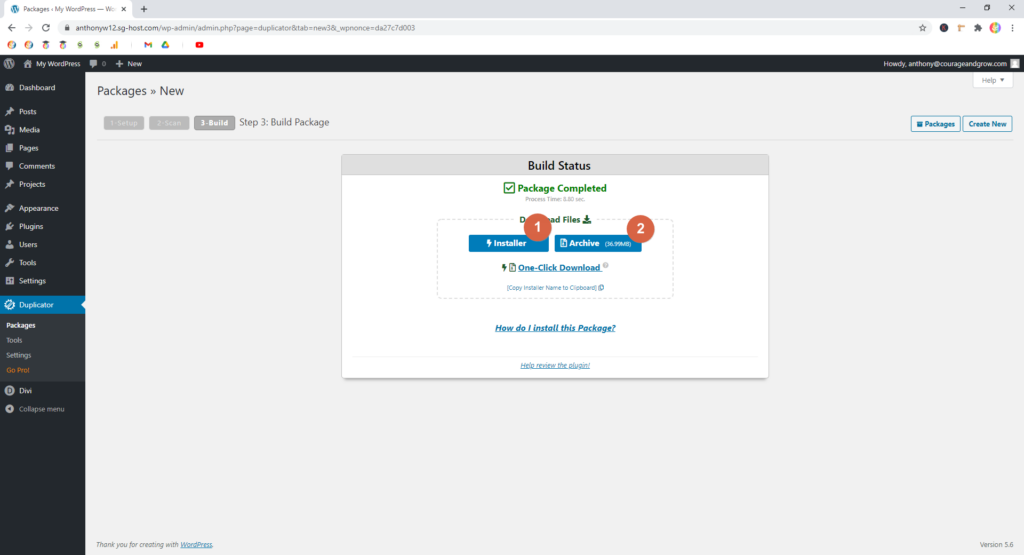 Screenshot showing how to download a built package in Duplicator  • WordPress Troubleshooting Tips