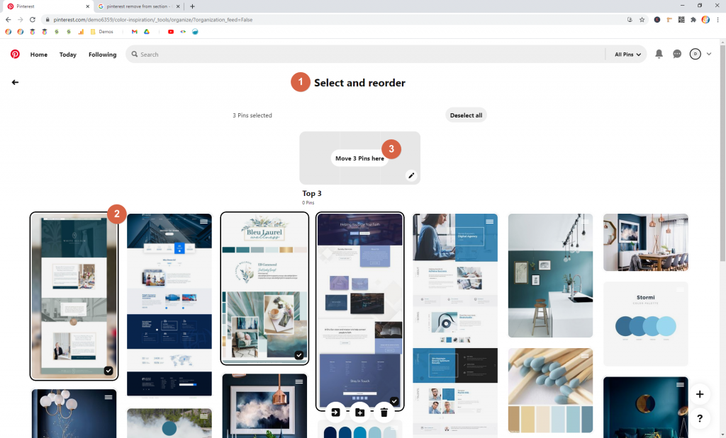 Screenshot showing how to create a section on a board in pinterest • Choose Website Colors