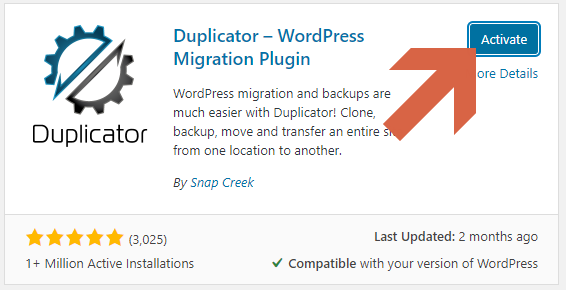 Screenshot showing how to activate the Duplicator plugin  • WordPress Troubleshooting Tips
