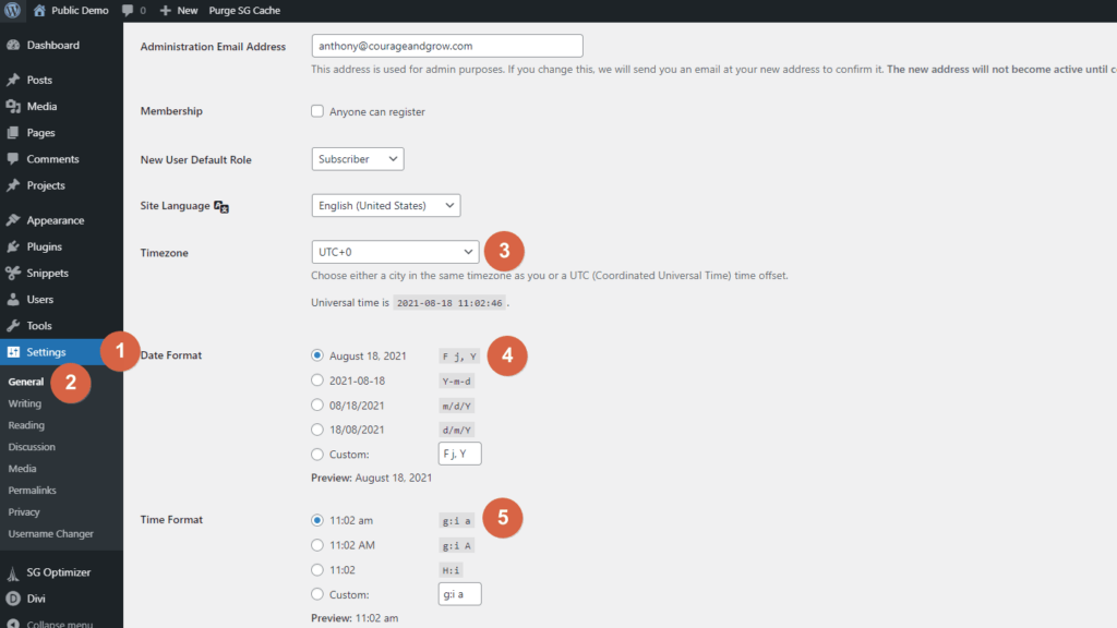 Screenshot of the WordPress Dashboard; highlighting the time and date settings; WordPress settings