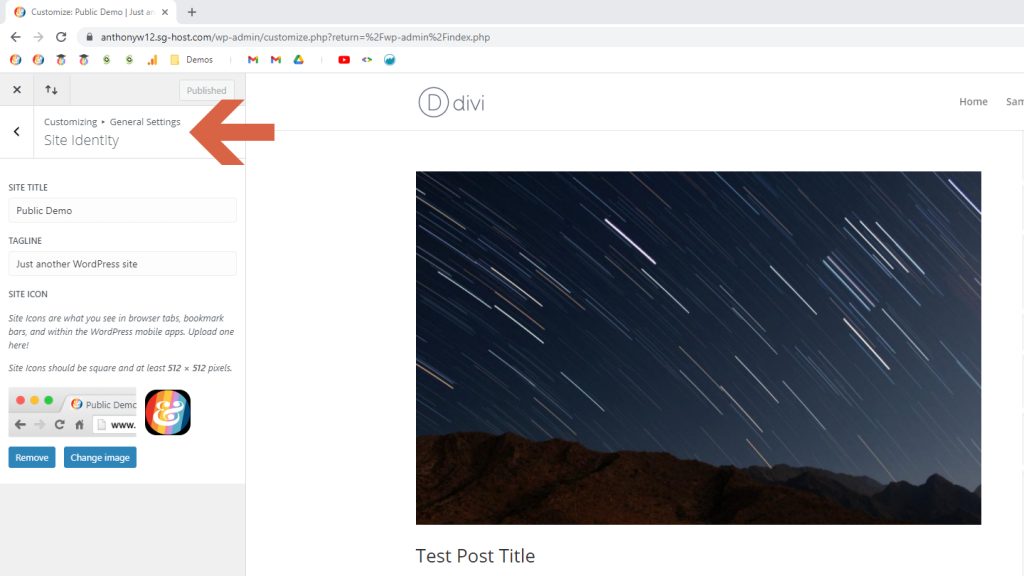 Screenshot of the WordPress Dashboard; arrow pointing at the Site Identity settings; WordPress settings