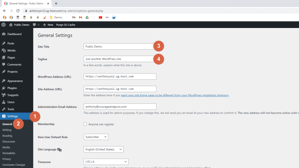 Screenshot of the WordPress Dashboard; highlighting the Site Title and Tagline settings; WordPress settings