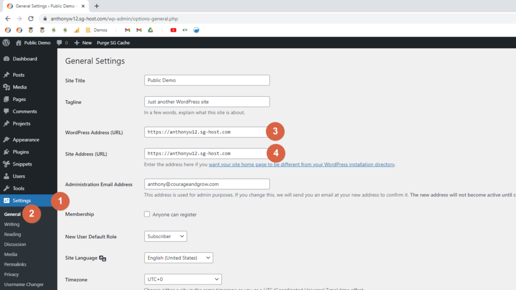Screenshot of the WordPress Dashboard; highlighting the WordPress Address and Site Address settings; WordPress settings