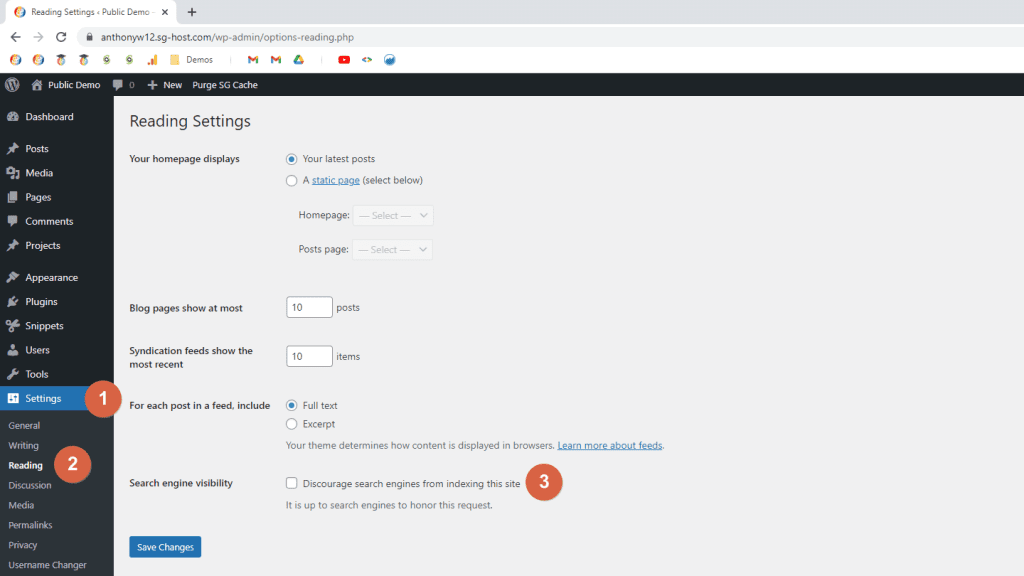Screenshot of the WordPress Dashboard; highlighting the search engine visibility settings; WordPress settings