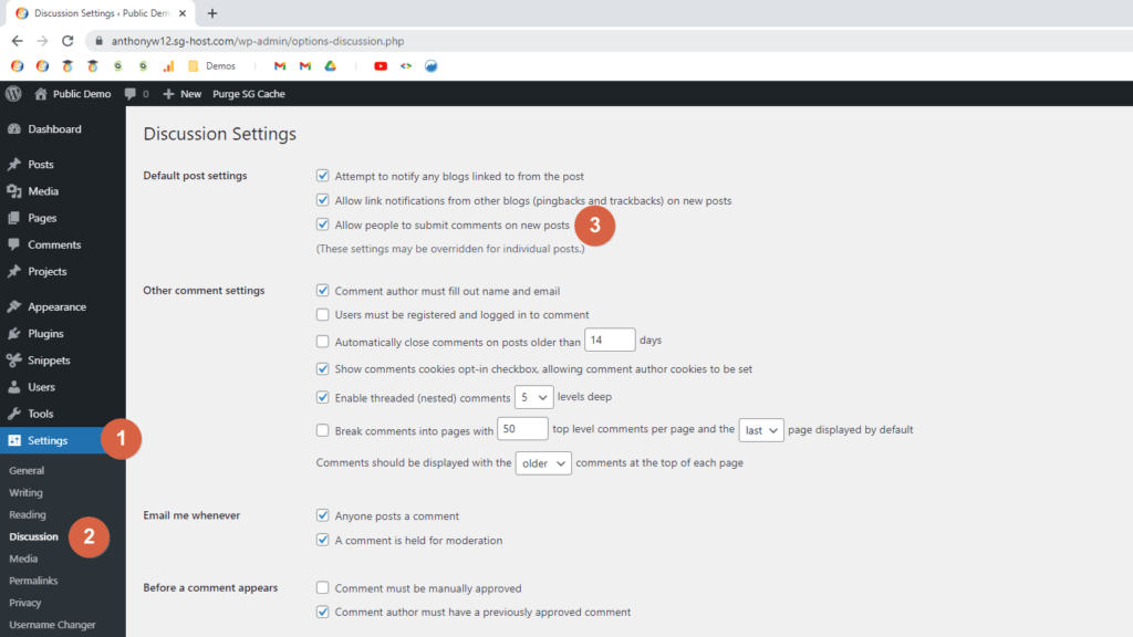 Screenshot of the WordPress Dashboard; highlighting the comments settings; WordPress settings
