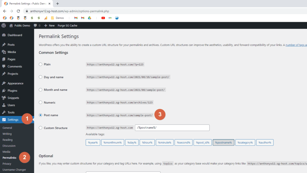 Screenshot of the WordPress Dashboard; highlighting the permalinks settings; WordPress settings
