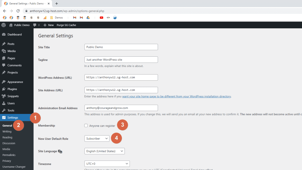 Screenshot of the WordPress Dashboard; highlighting the Membership settings; WordPress settings