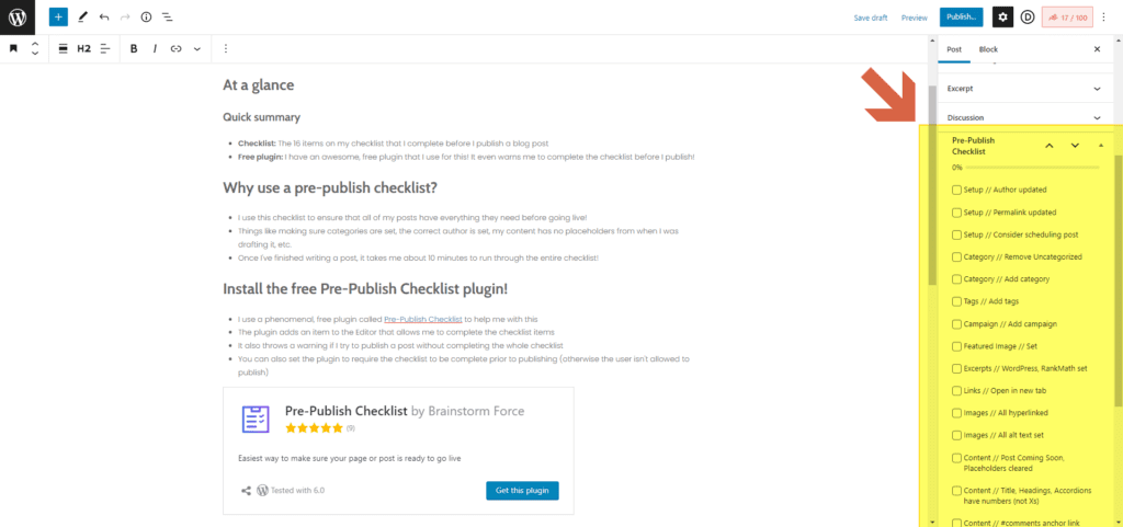 Courage & Grow Post with Pre-Publish Checklist in sidebar