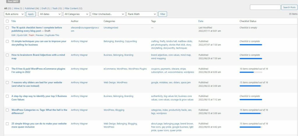 Screenshot of posts with Pre-publish Checklist statuses