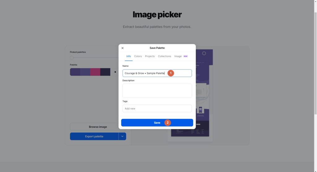 Entering a name for the new color palette in the Coolors image picker