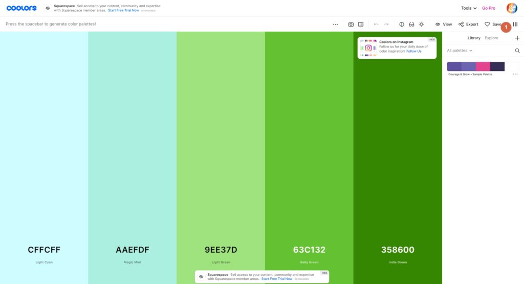 Opening my accounts sidebar in the Coolors Color Palette Generator