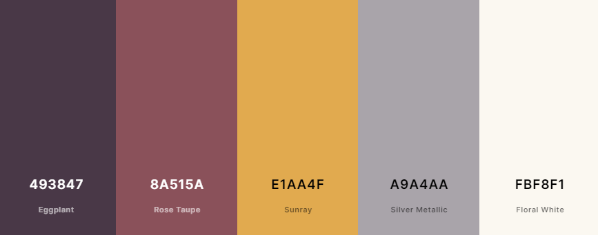 Courage & Grow's color palette, including Eggplant, Rose Taupe, Sunray, Silver Metallic, and Floral White